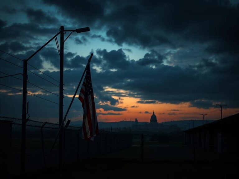 Flick International A dark urban landscape depicting an immigration detention facility with barbed wire and an American flag