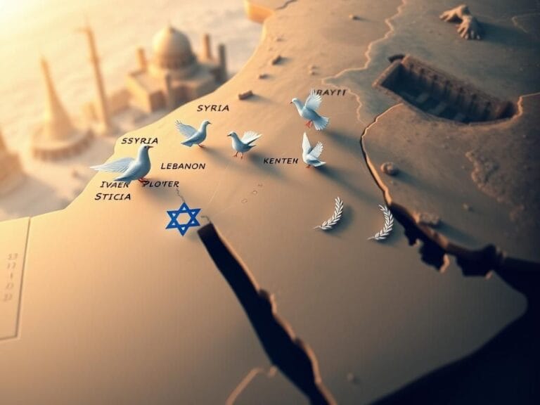 Flick International Aerial view of a map depicting the Middle East with peace symbols near Israel