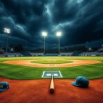 Flick International Dramatic baseball scene showcasing a well-groomed diamond with a bat and helmet on the ground, reflecting a recent play.