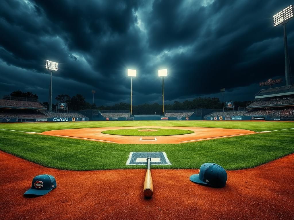 Flick International Dramatic baseball scene showcasing a well-groomed diamond with a bat and helmet on the ground, reflecting a recent play.