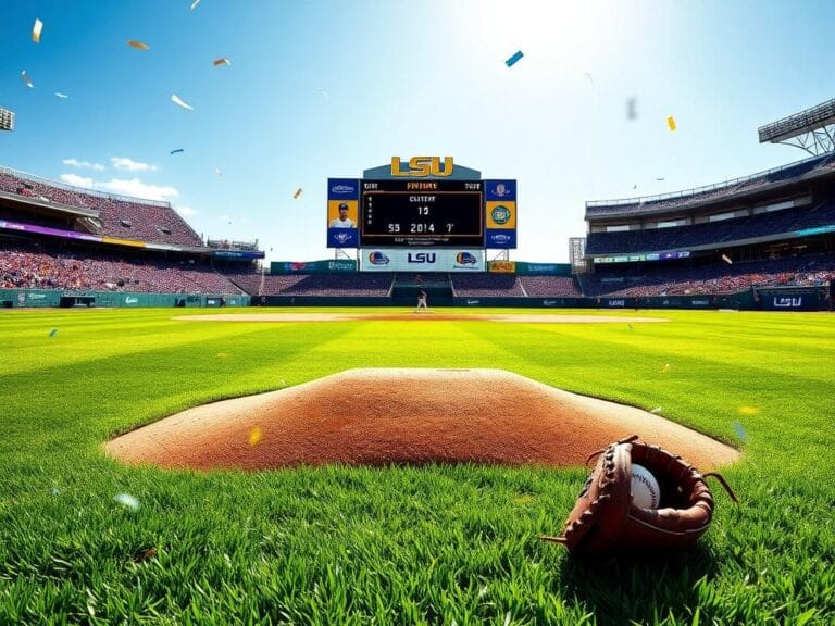 Flick International Celebratory scene of LSU ace pitcher Kade Anderson on the baseball field after College World Series victory.