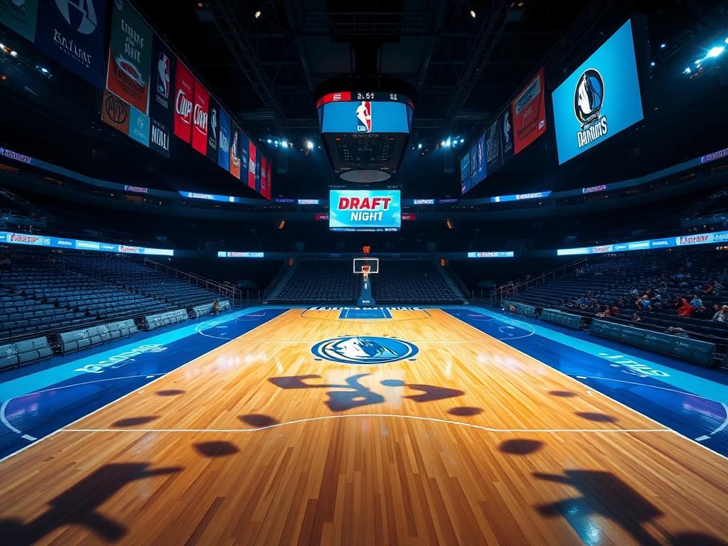 Flick International A polished basketball court at the Barclays Center, reflecting bright arena lights, with the Brooklyn skyline visible in the background.