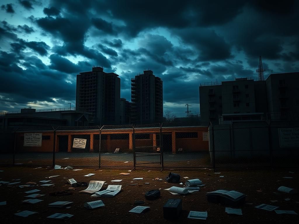 Flick International Dark urban landscape of an abandoned immigration detention center at dusk