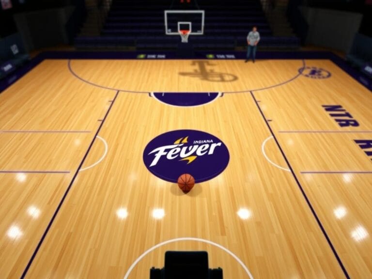 Flick International Aerial view of an empty basketball court featuring the Indiana Fever logo at center court, with a basketball near the three-point line.