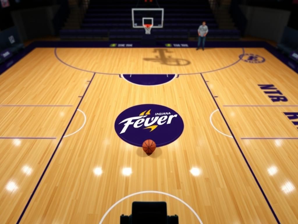 Flick International Aerial view of an empty basketball court featuring the Indiana Fever logo at center court, with a basketball near the three-point line.