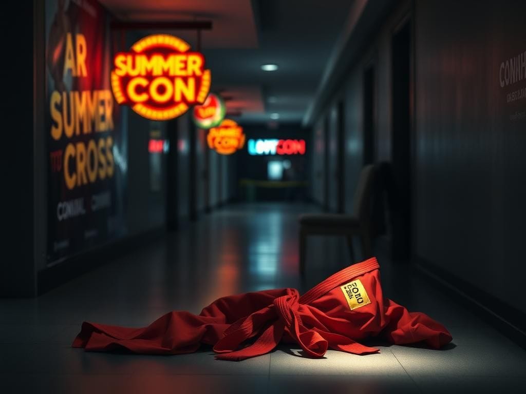 Flick International Dimly lit convention center hallway with safety tape and a discarded karate gi