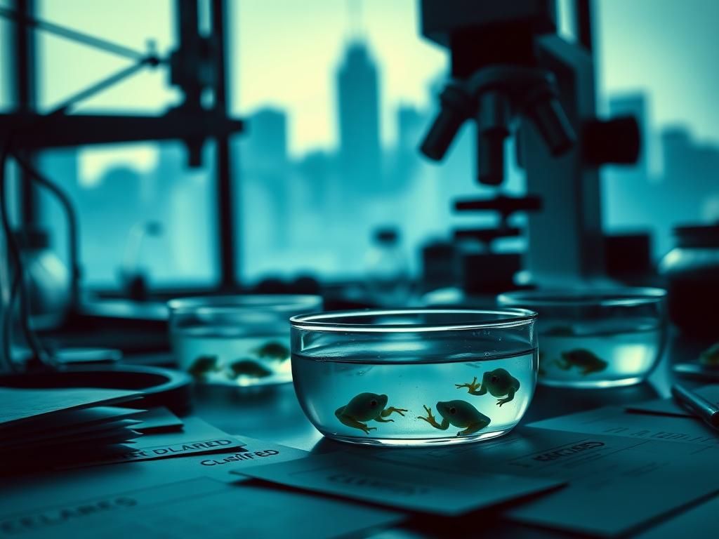 Flick International Close-up of laboratory table with scientific equipment and frog embryos