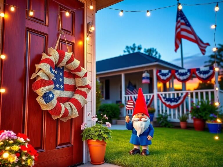 Flick International A rustic American flag wreath adorned with burlap, hanging on a wooden front door surrounded by red, white, and blue potted flowers.