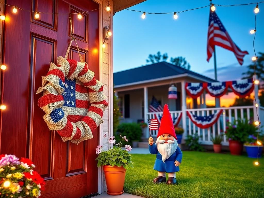 Flick International A rustic American flag wreath adorned with burlap, hanging on a wooden front door surrounded by red, white, and blue potted flowers.