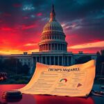 Flick International A grand view of the U.S. Capitol building at sunset with a scroll labeled 'Trump's Megabill' in the foreground.