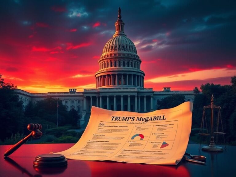 Flick International A grand view of the U.S. Capitol building at sunset with a scroll labeled 'Trump's Megabill' in the foreground.