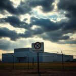 Flick International Foreboding federal immigration detention facility under a dramatic sky