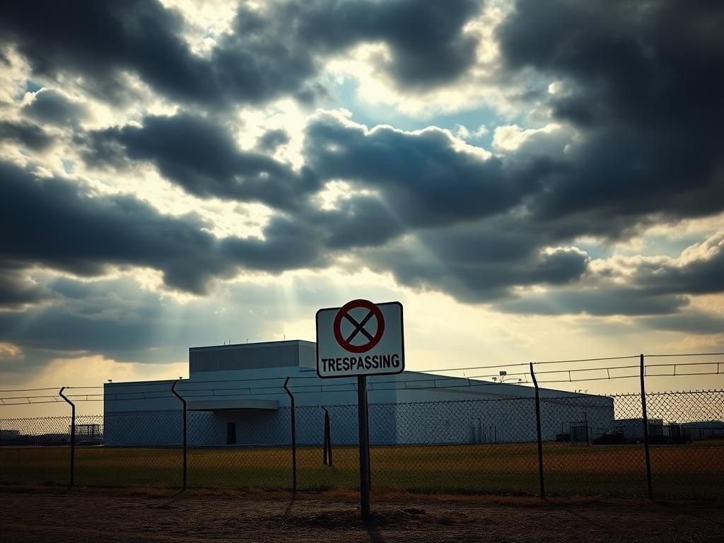 Flick International Foreboding federal immigration detention facility under a dramatic sky
