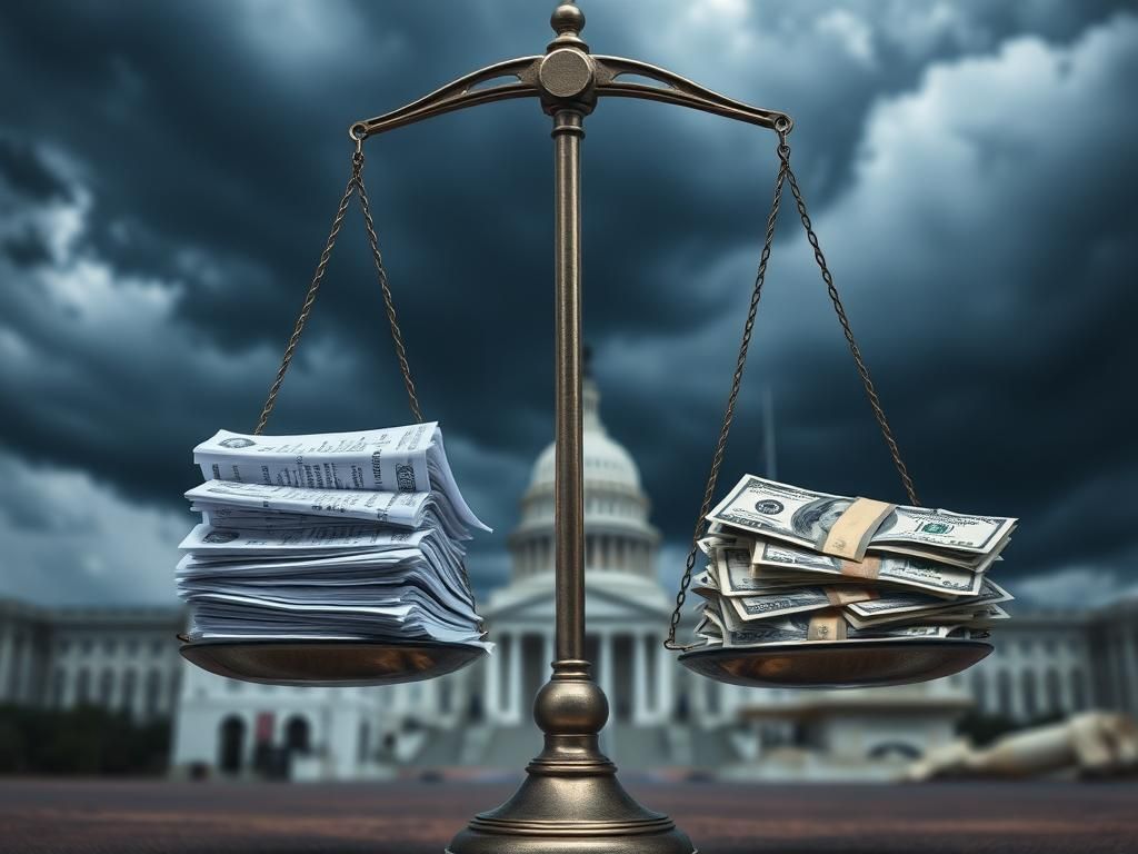 Flick International Close-up of a justice scale with medical bills and dollar bills, symbolizing the debate over healthcare and immigration