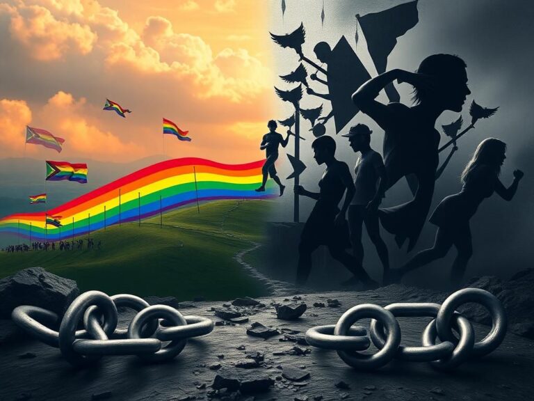 Flick International Conceptual representation of the evolution of the LGBTQ movement, featuring a dual landscape with vibrant rainbow colors and stark abstract shapes.