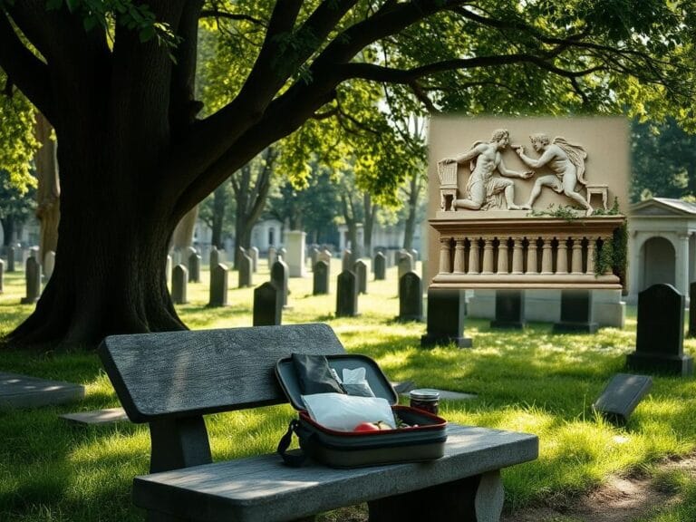 Flick International A serene cemetery scene with a weathered stone bench and an unusual lunch box