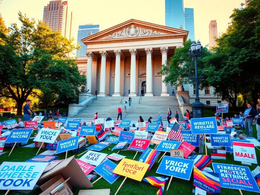 Flick International Dynamic scene in front of New York City Hall showcasing political discourse with signs and the skyline in the background