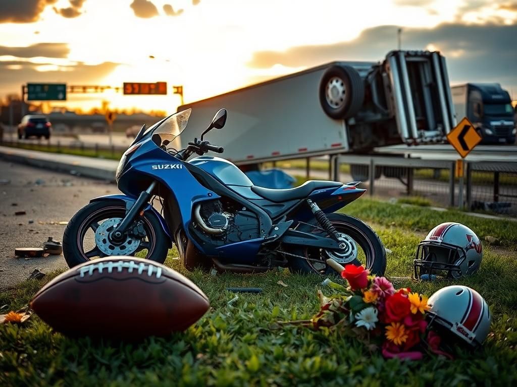 Flick International A damaged motorcycle lies on its side at the scene of a tragic accident involving a semitruck.