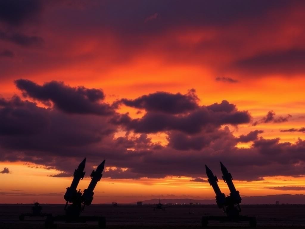 Flick International Aerial view of Al Udeid Air Base at sunset showcasing military readiness