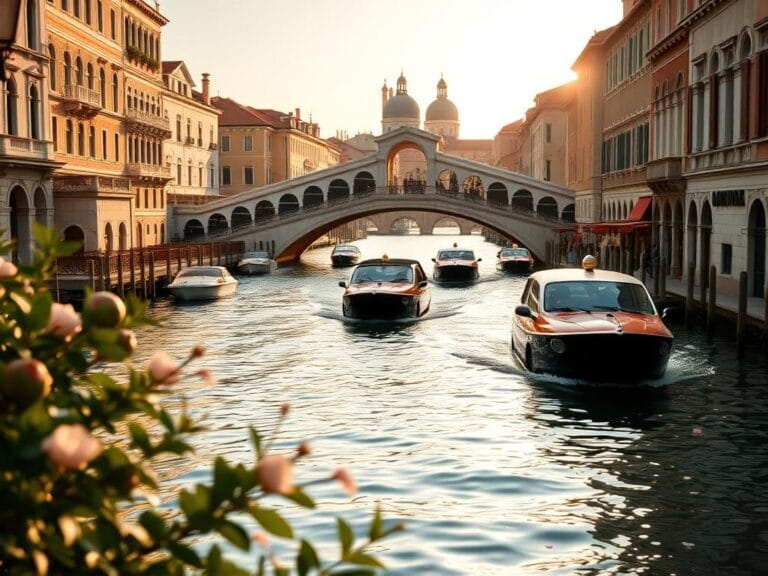 Flick International Scenic view of Venice canals with elegant water taxis and historic architecture