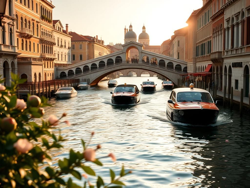 Flick International Scenic view of Venice canals with elegant water taxis and historic architecture