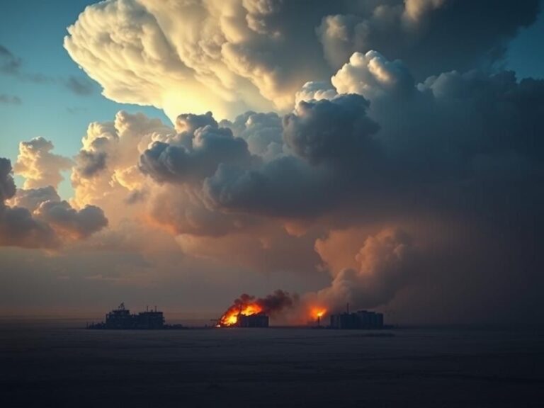 Flick International Aerial view of damaged Iranian nuclear sites Fordow, Natanz, and Isfahan against a twilight sky
