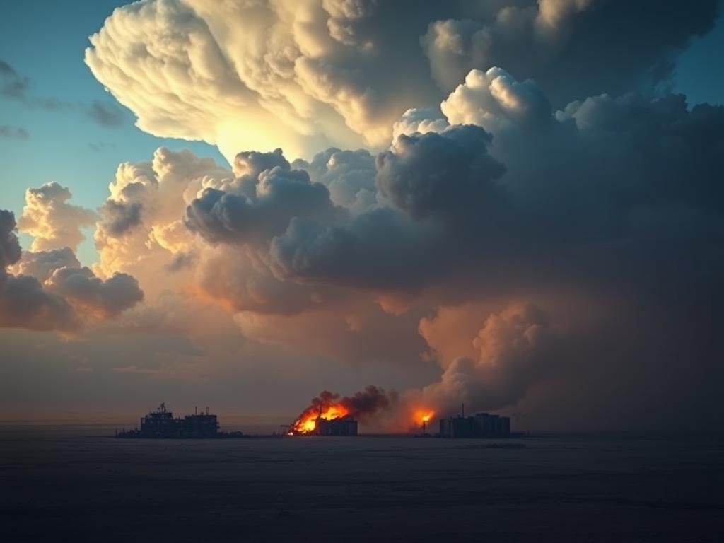 Flick International Aerial view of damaged Iranian nuclear sites Fordow, Natanz, and Isfahan against a twilight sky