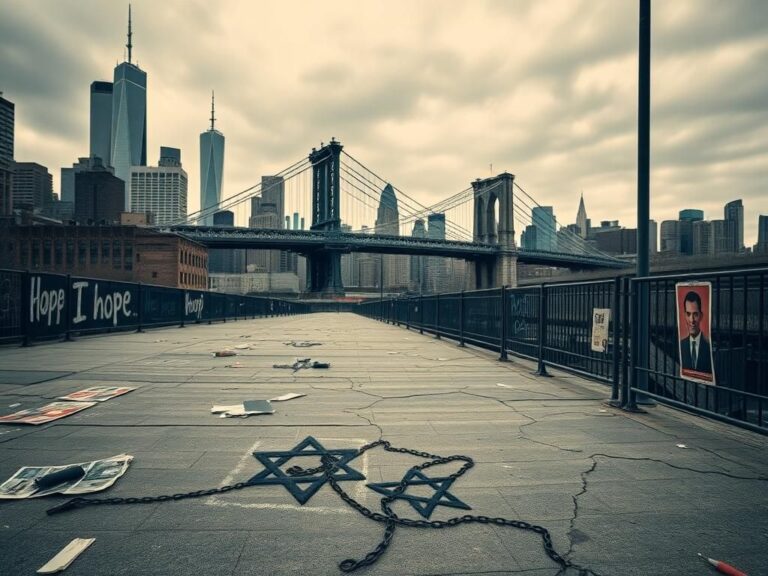 Flick International Stark urban landscape of New York City highlighting antisemitism themes