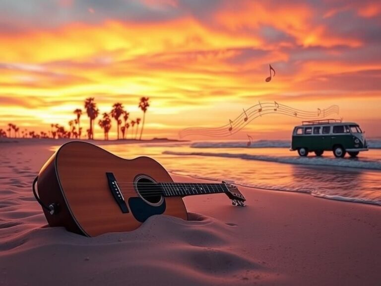 Flick International A serene beach landscape at sunset with a weathered acoustic guitar in the sand