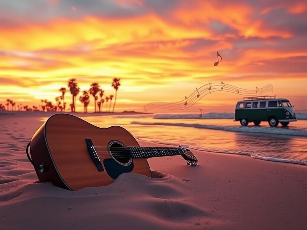 Flick International A serene beach landscape at sunset with a weathered acoustic guitar in the sand