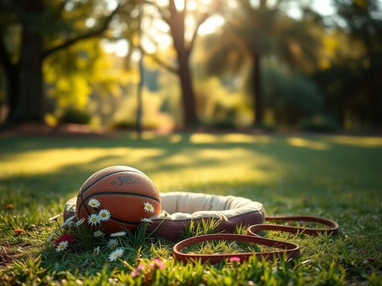 Flick International A peaceful park in Suwanee, Georgia, featuring a dog bed and basketball symbolizing love and loss