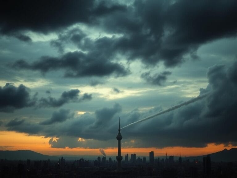 Flick International A dramatic skyline of Tehran at dusk with dark storm clouds and Milad Tower in the foreground