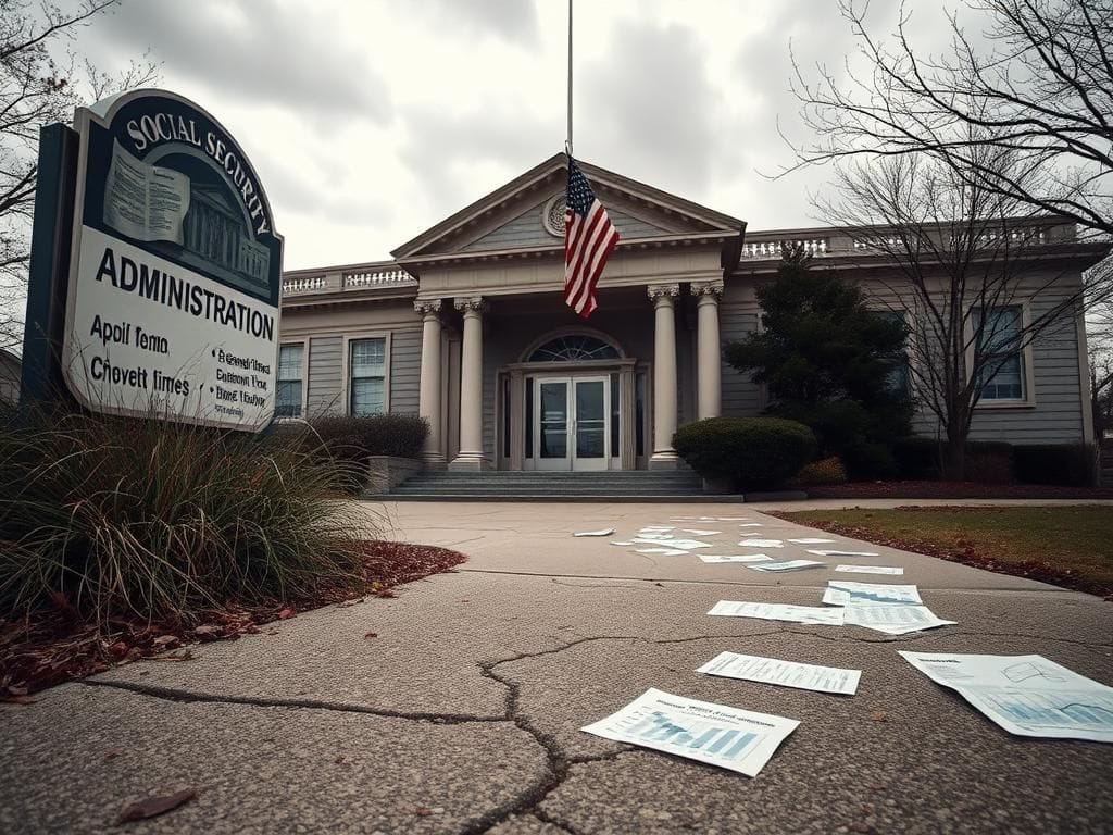 Flick International Close-up view of a weathered Social Security Administration building with overgrown weeds and a faded American flag.