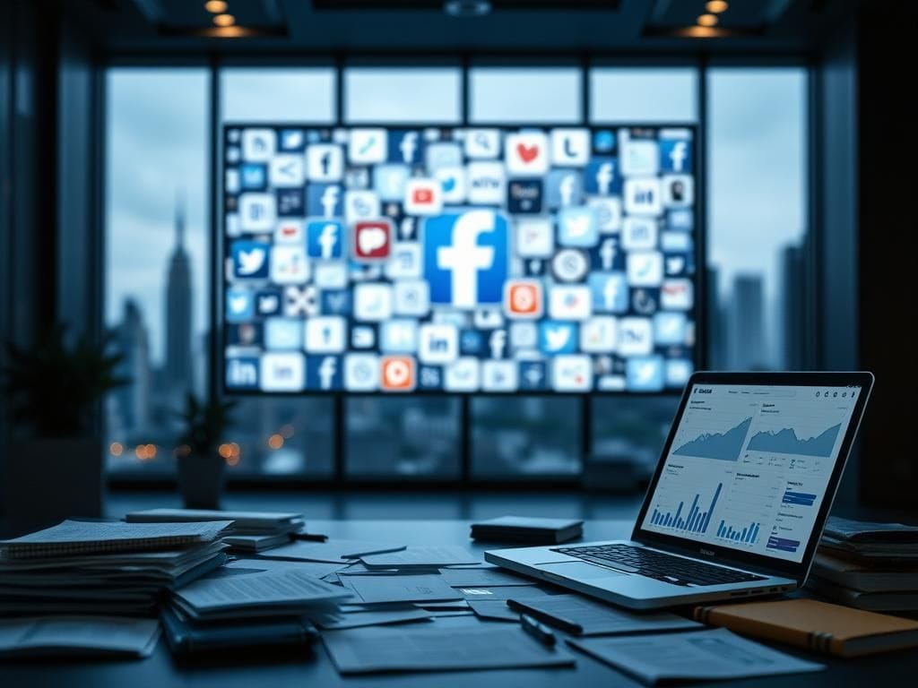 Flick International Modern office space showcasing a glowing screen with social media icons, emphasizing Facebook's role in elections.