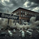 Flick International Twisted metal street sign reading 'Boulder' amidst smoke and debris, indicative of chaos from a recent attack