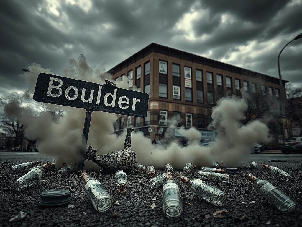 Flick International Twisted metal street sign reading 'Boulder' amidst smoke and debris, indicative of chaos from a recent attack