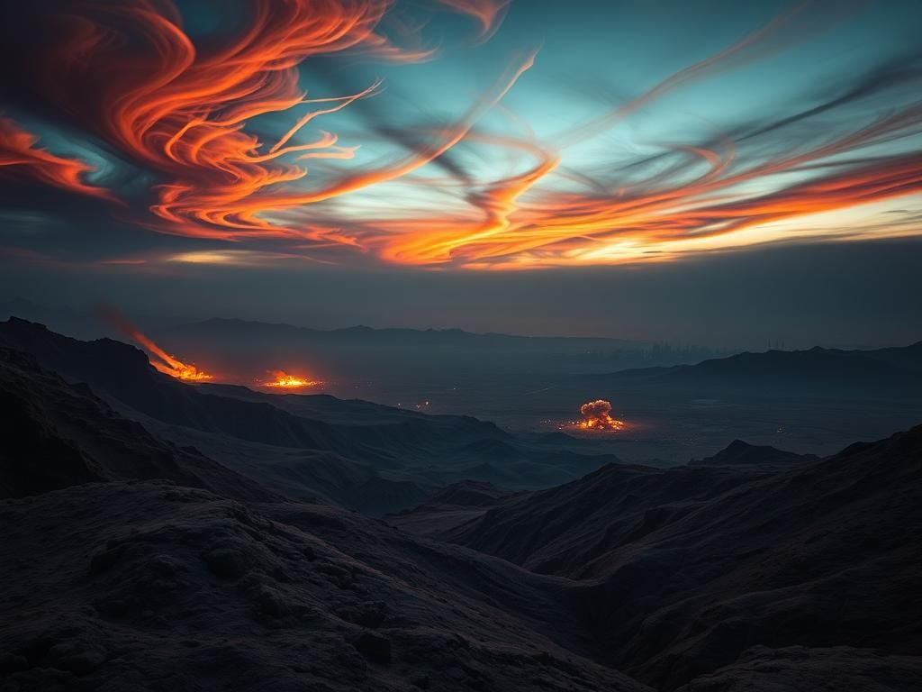 Flick International Aerial view of a military strike over a barren mountainous landscape symbolizing the Middle East