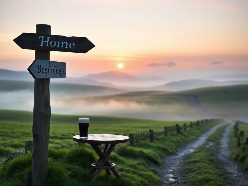 Flick International Serene landscape of rural Ireland at dawn with rolling green hills and a weathered wooden signpost.