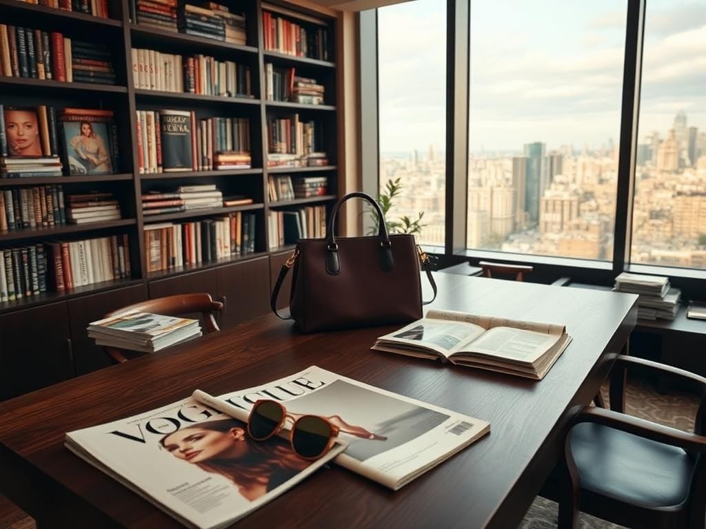 Flick International Luxurious editorial workspace featuring Vogue magazines and designer accessories