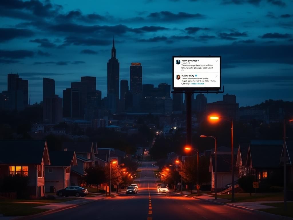 Flick International A cityscape at dusk showcasing quiet streets with glowing windows and looming skyscrapers