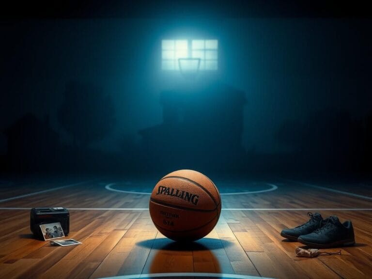 Flick International A dimly lit basketball court with a spotlight on a worn basketball, symbolizing resilience in VJ Edgecombe's journey