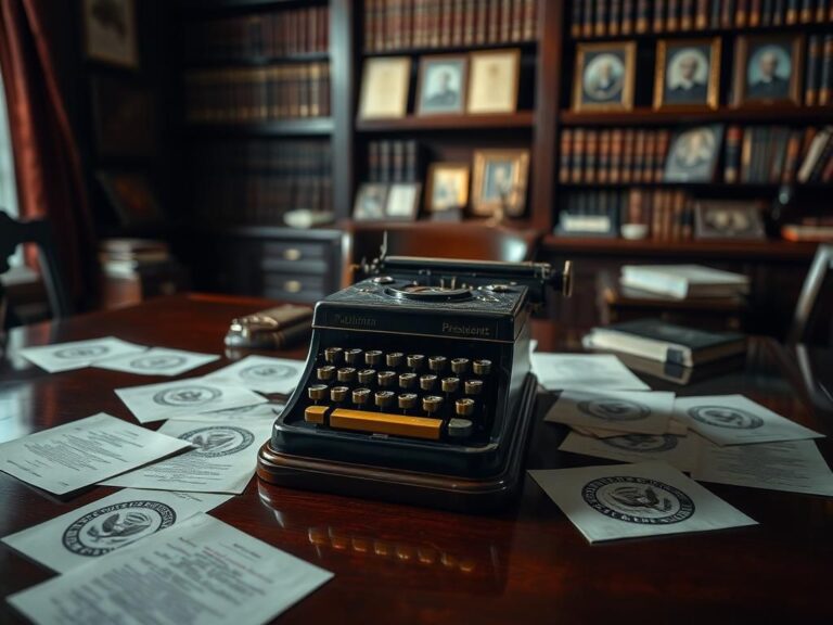 Flick International A vintage autopen machine on a polished wooden desk surrounded by official documents