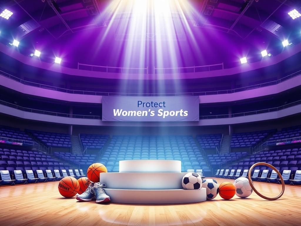 Flick International Empty sporting arena with a podium and sports equipment symbolizing women's sports