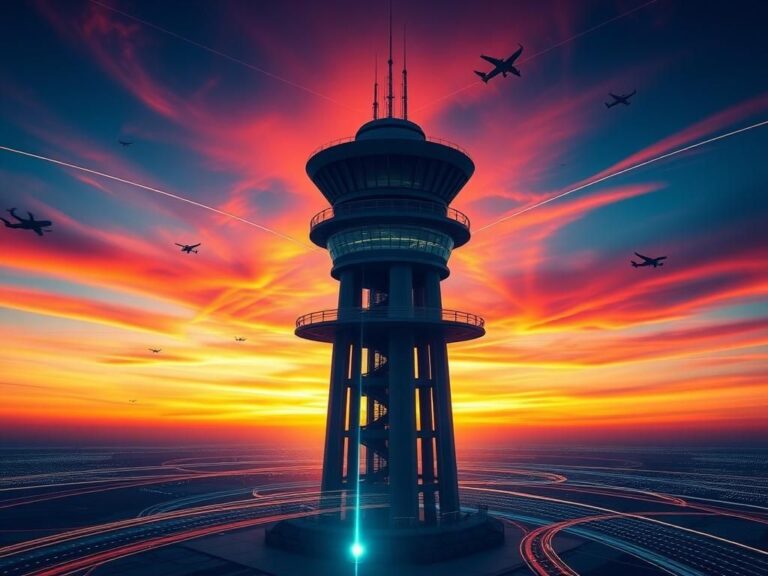 Flick International Futuristic air traffic control tower at sunset symbolizing innovation in aviation