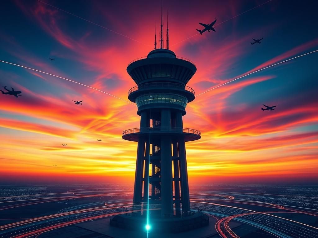 Flick International Futuristic air traffic control tower at sunset symbolizing innovation in aviation
