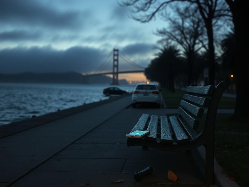 Flick International Twilight scene at Aquatic Park in San Francisco with a Pokémon Go app on a bench