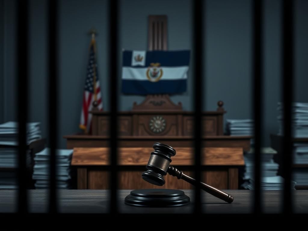 Flick International A somber courtroom scene with an empty judge's bench and a gavel, symbolizing justice