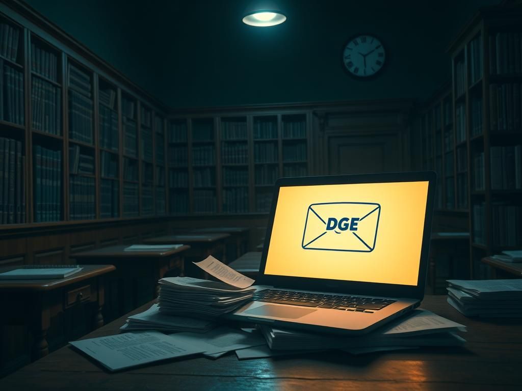 Flick International Dark academic setting with wooden desks and a glowing laptop displaying a DOGE email interface