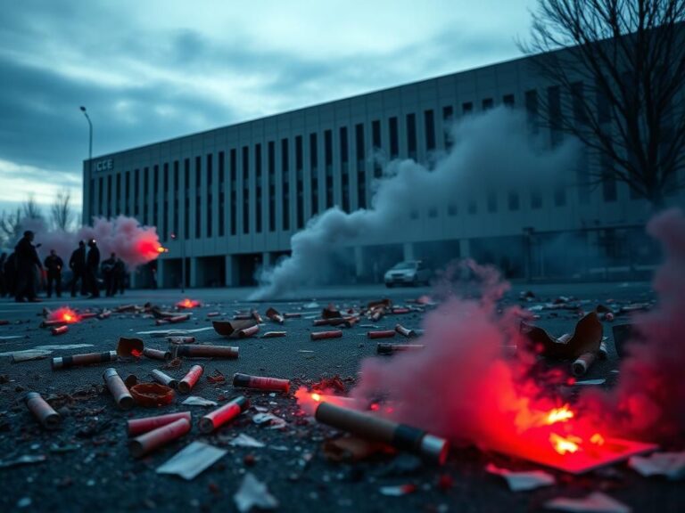 Flick International Aftermath of a violent protest outside the Portland ICE facility with debris and fireworks remnants