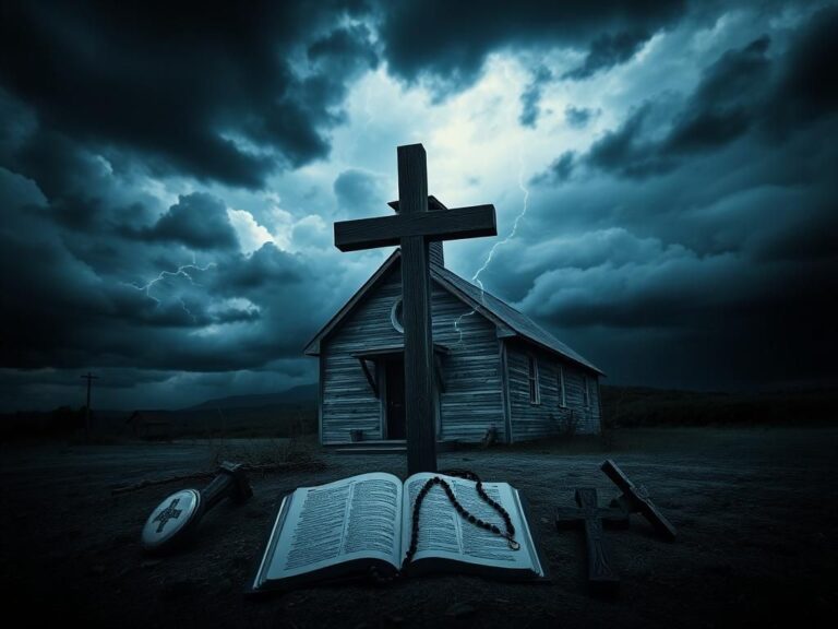 Flick International Dark, moody landscape of a desolate church with an old wooden cross and stormy sky
